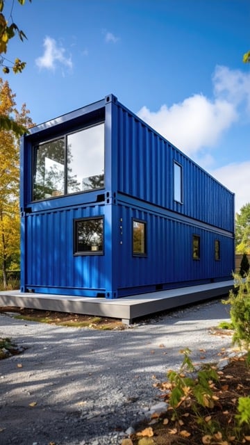 double stacked blue modern shipping container building with windows and modifications on a solid foundation