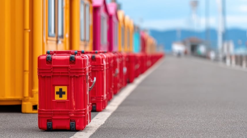 bright colored shipping containers lined up with red medical supply boxes being used for storage for crisis relief