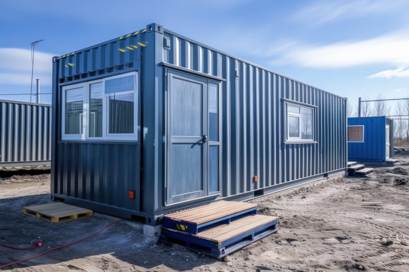 dark blue shipping container modified into a jobsite mobile office with doors and windows