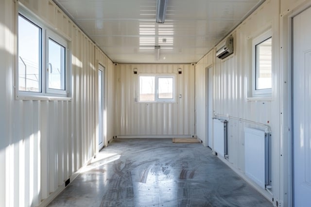 interior of modified shipping container with doors and windows