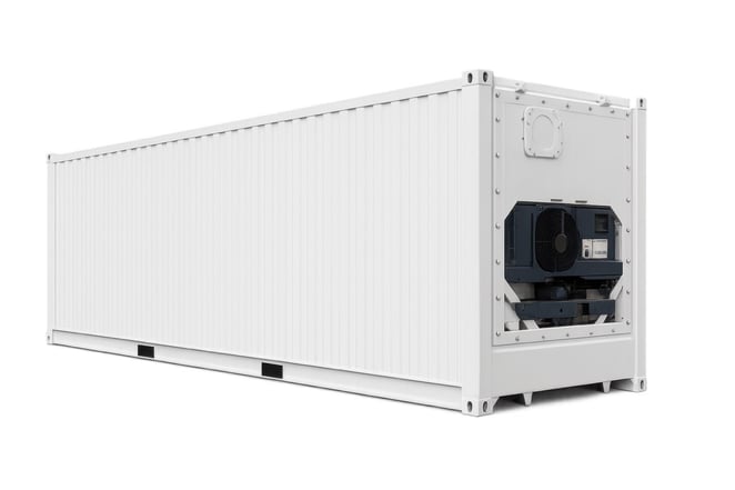 white refrigerated shipping container with vent and motorized regfridgator on the end