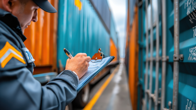 shipping yard worker meticulously reviewing paperwork while standing near rows of shipping containers at a bustling port