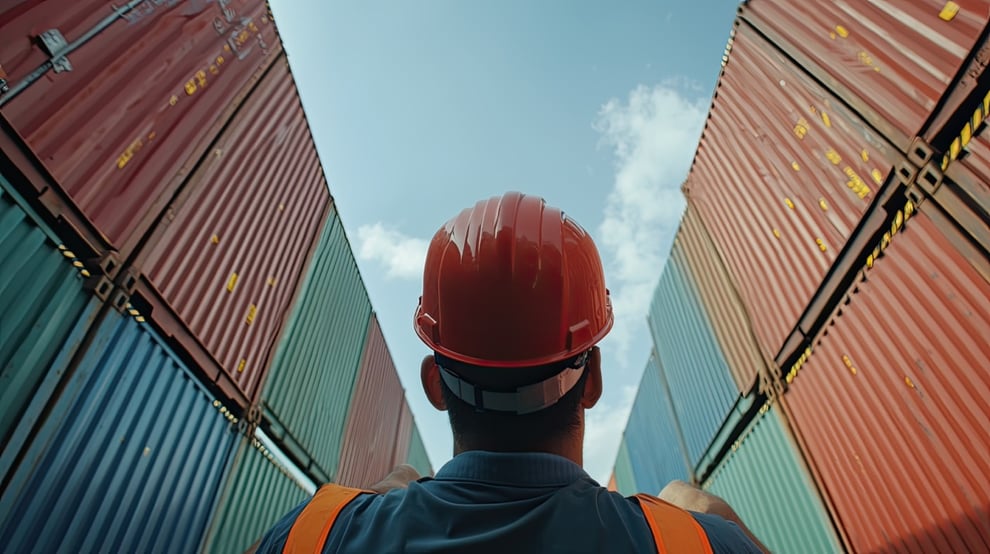 worker looking upward and observing shipping containers in a busy port