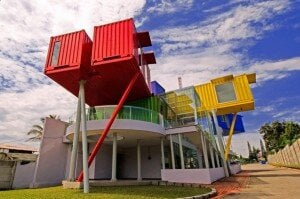 brightly painted containers used for a library