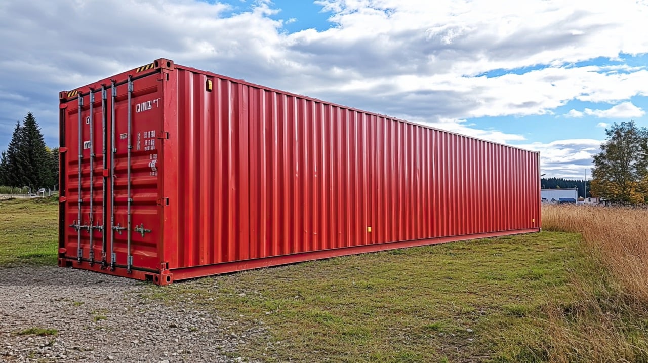 large shipping container on a grassy field with gravel path under blue sky with clouds