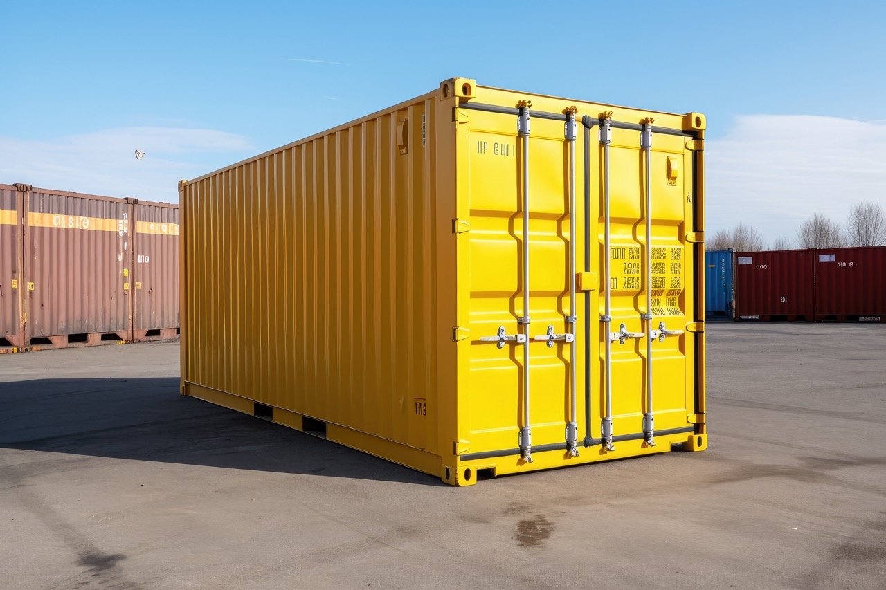 Bright yellow shipping container sitting outside with more containers in the background