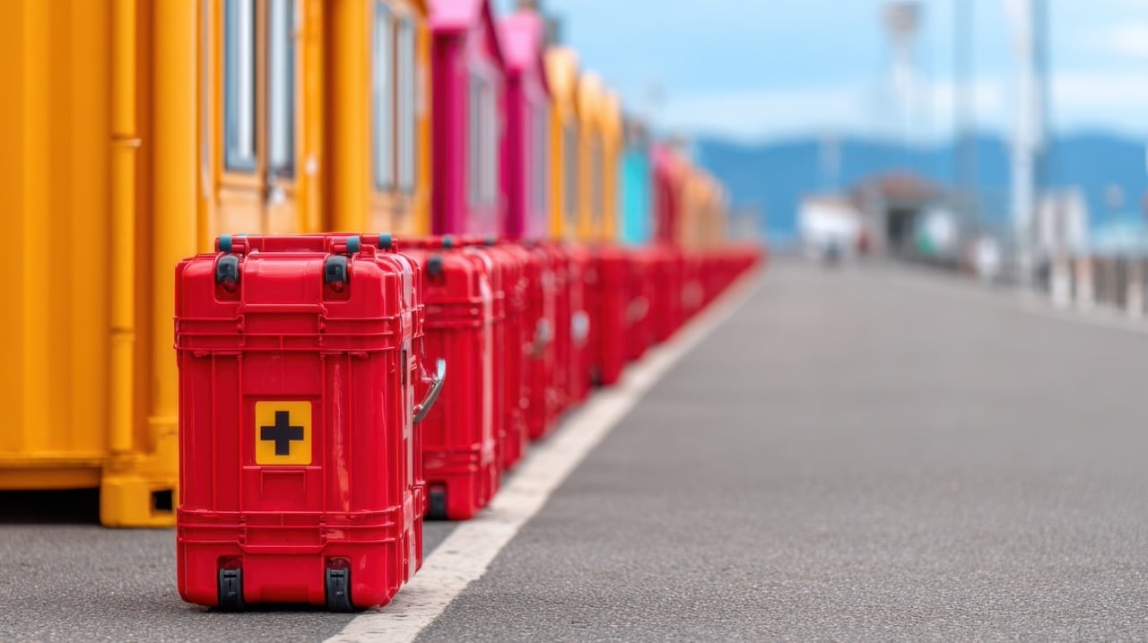 bright colored shipping containers lined up with red medical supply boxes being used for storage for crisis relief