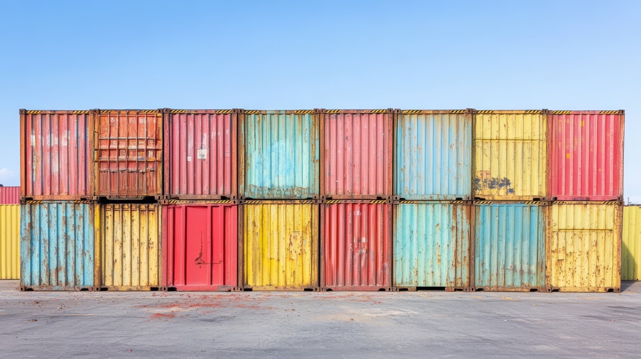 rusted pastel colored shipping containers stacked outside